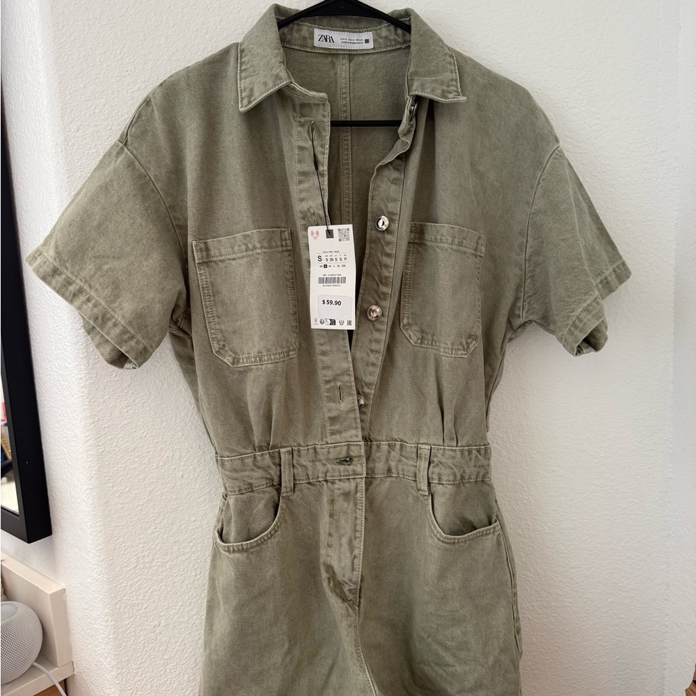 Zara Short-Sleeve Utility Romper in beautiful sage color. 100% cotton
